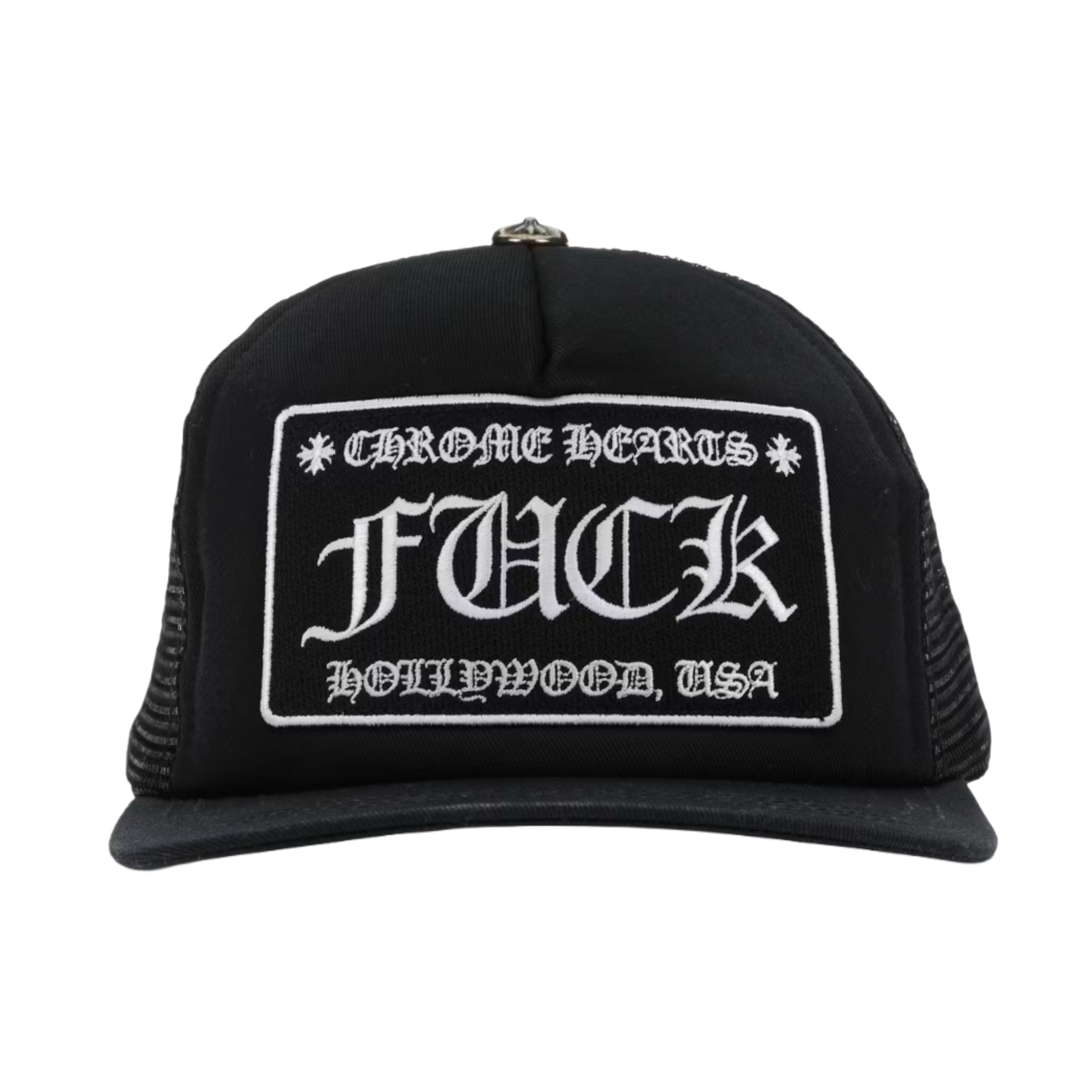 Chrome Hearts FUCK Hollywood Trucker Hat Black