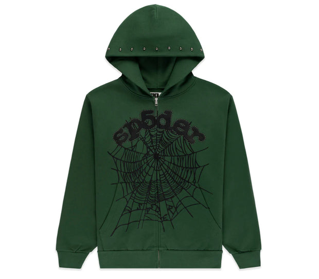 SP5DER OG Web Green Studded Zip Hoodie