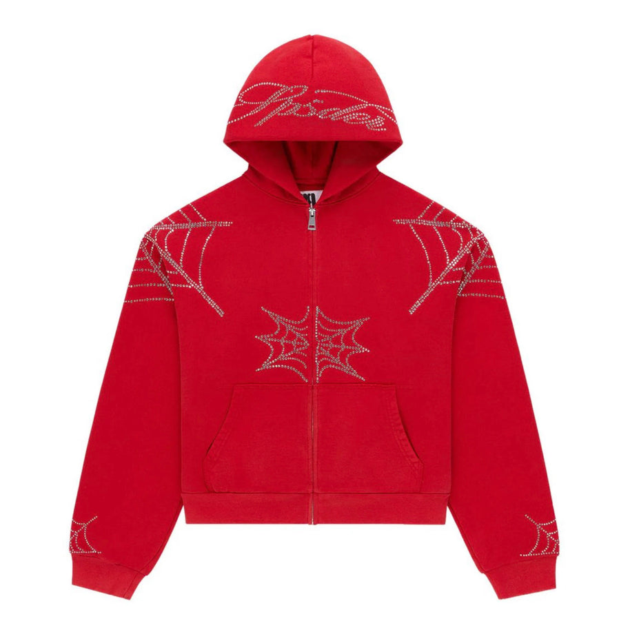 SP5DER Rhinestone Web Zip Hoodie Red