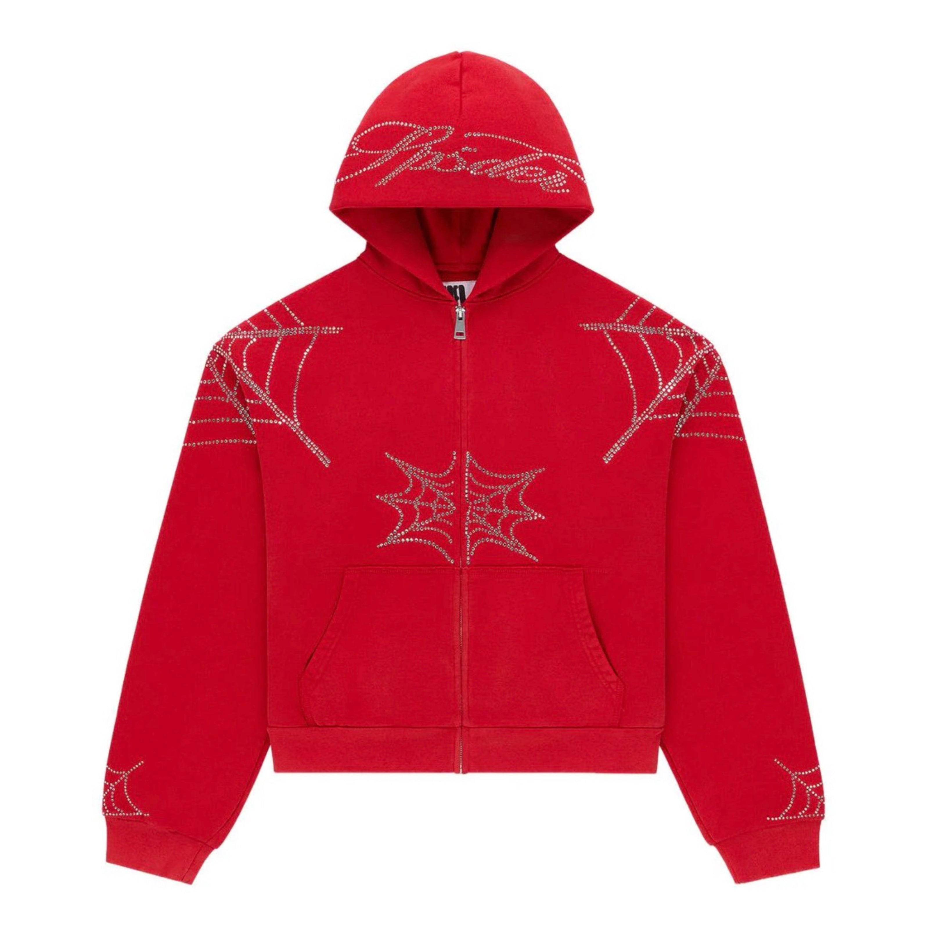 SP5DER Rhinestone Web Zip Hoodie Red