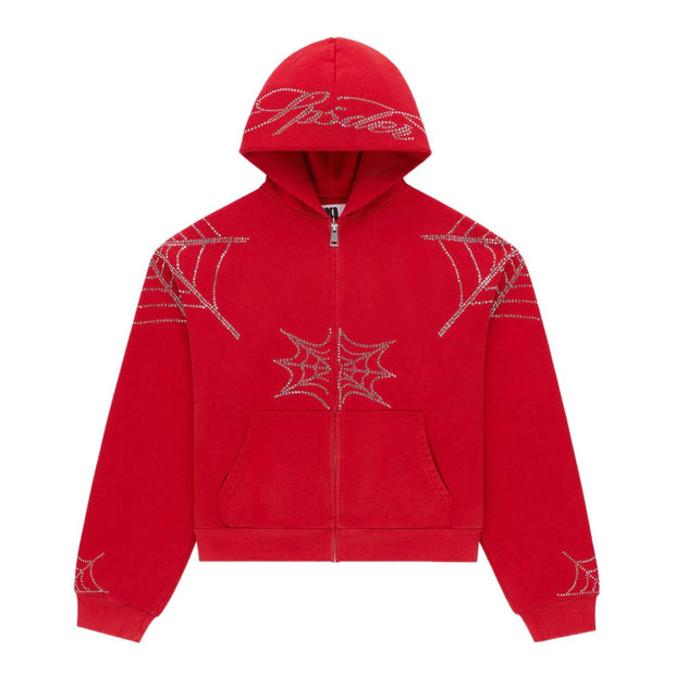 SP5DER Rhinestone Web Zip Hoodie Red