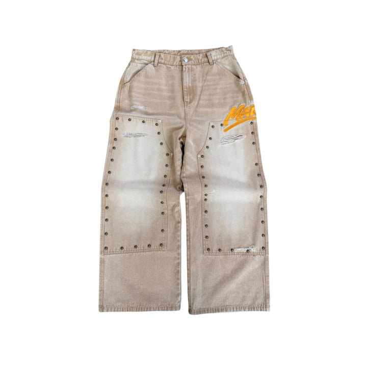 Daven Homme Khaki Studded Carpenter Denim Pants
