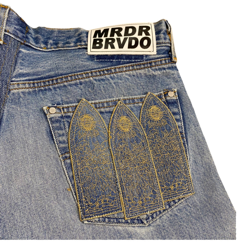Who Decides War x MRDR BRVDO Custom Patched Jeans Blue