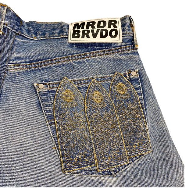 Who Decides War x MRDR BRVDO Custom Patched Jeans Blue