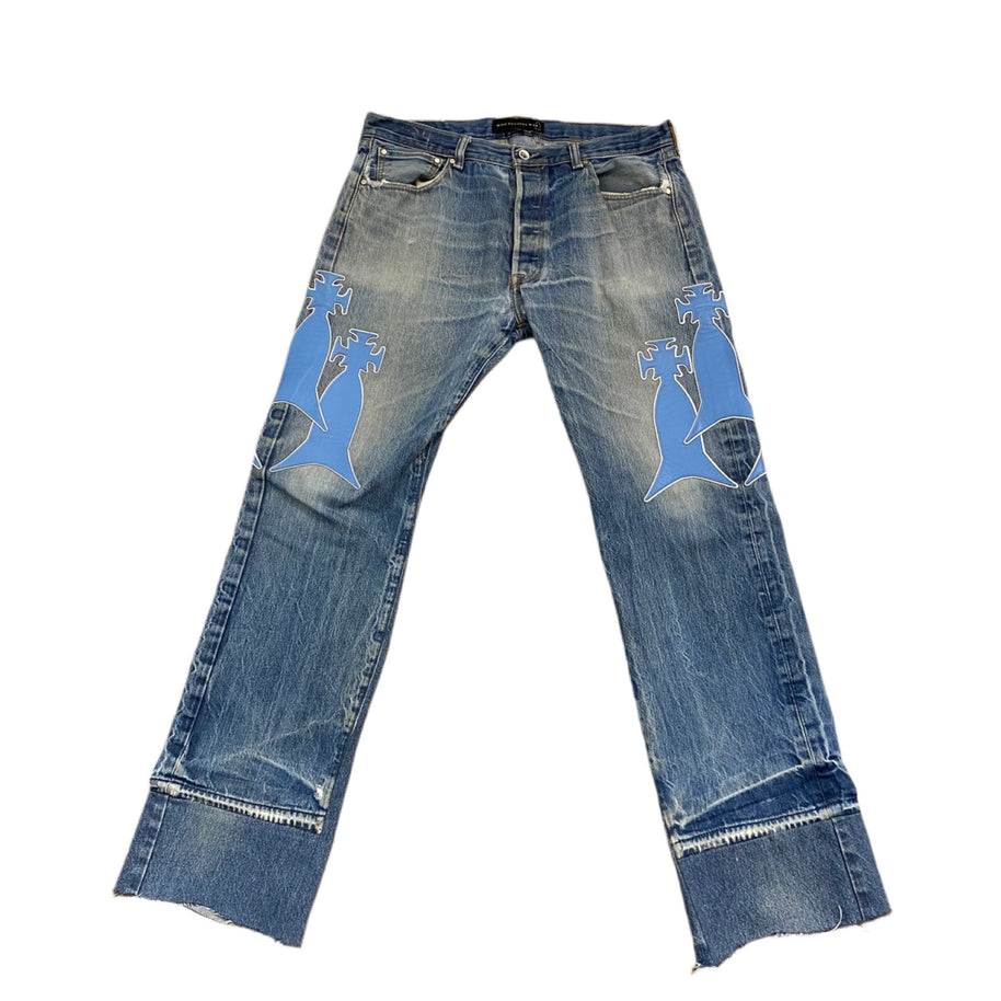 Who Decides War x MRDR BRVDO Custom Patched Jeans Blue