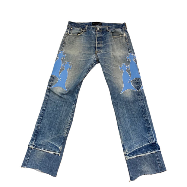 Who Decides War x MRDR BRVDO Custom Patched Jeans Blue
