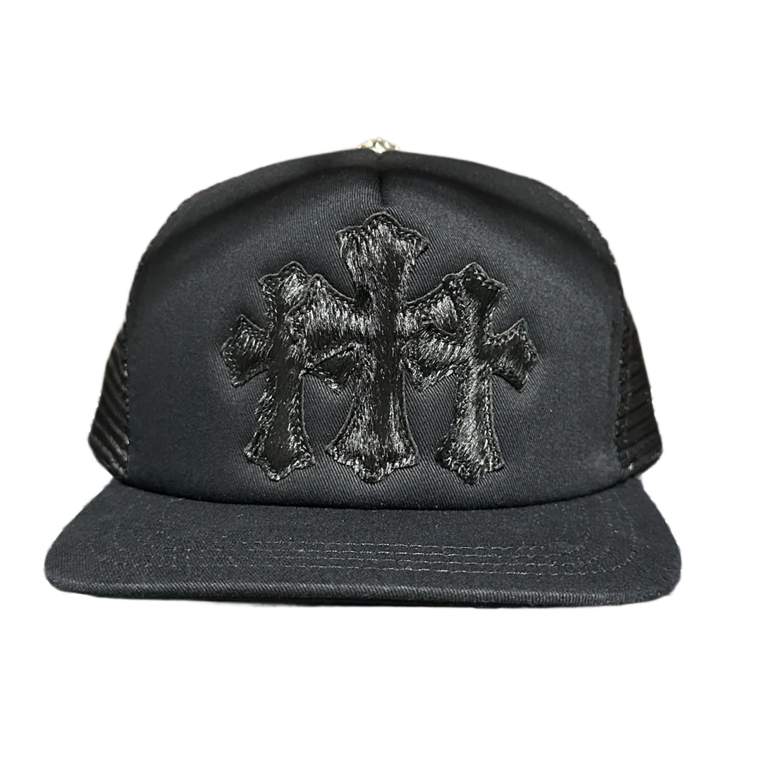 Chrome Hearts Black Calf Hair Cross Patch Trucker Hat